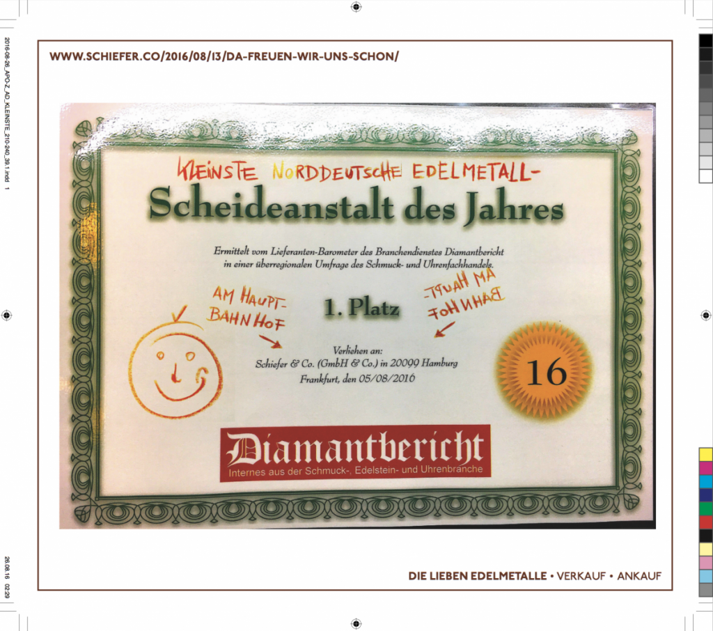 Schiefer & Co. älteste und kleinste Norddeutsche Edelmetall-Scheideanstalt des Jahres gemäß DIAMANTBERICHT 2016